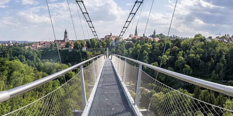 Neckarline suspension bridge over the Neckar panorama in Rottweil, Germany