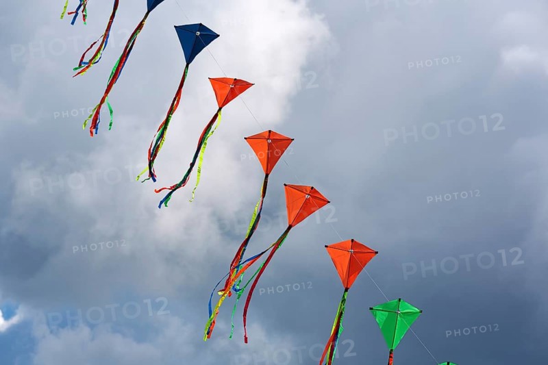 Colourful, strung kites flying in the sky, garland, kite festival in Vinsebeck, Steinheim, Eggegebirge and Southern Teutoburg Forest nature park Park, Weserbergland, North Rhine-Westphalia, Germany