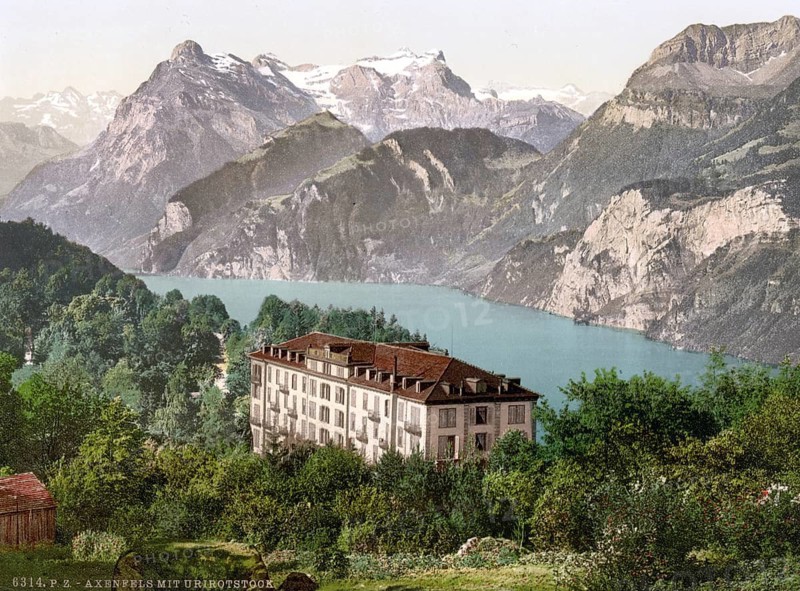 Axenstein, Park and Urirothstock, Urirothstock, Vierwaldstaettersee, Switzerland, Historical, digitally restored reproduction from a 19th century original, Record date not stated