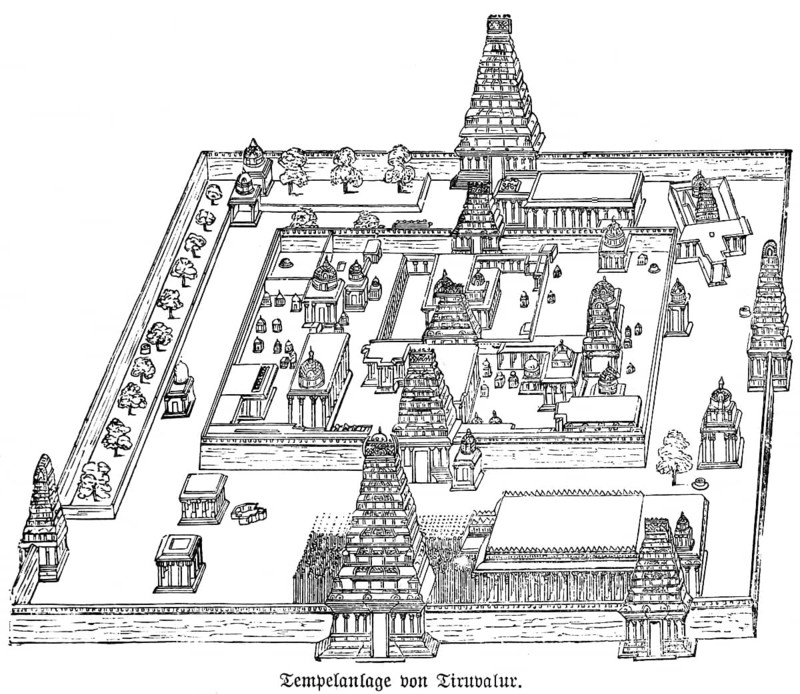 Plan of the temple complex of Tiruvallur, cult of the gods, Buddhism, state of Tamil Nadu, outer wall, inner courtyards, towers, India, historical illustration 1880