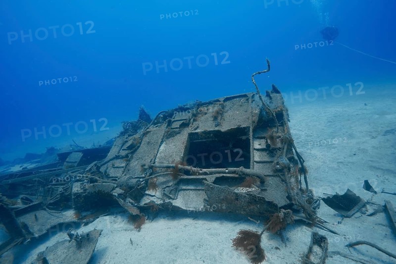 Worn out part of shipwreck lies on the sandy seabed, meteor wreck dive site, Russian hydrofoil, Arguineguin, Gran Canaria, Spain, Europe, Atlantic