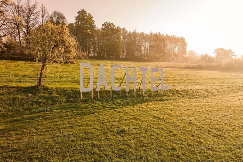 Landscape with large letters and trees in a meadow in sunlight, Dachtel, Aidlingen, Heckengäu Region, Germany