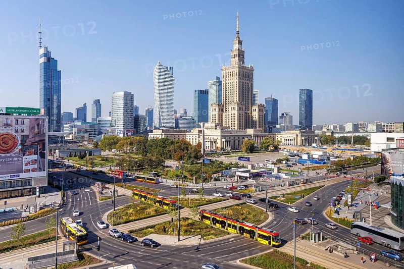 Warsaw skyline skyscrapers with Palace of Culture and trams in the city centre in Warsaw, Poland