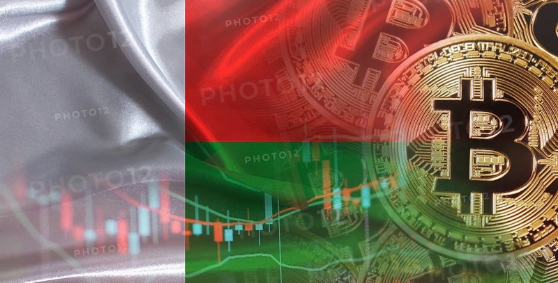 Bitcoin cryptocurrency with Malagasy flag. Investors in Blockchain Technology with Madagascar flag background