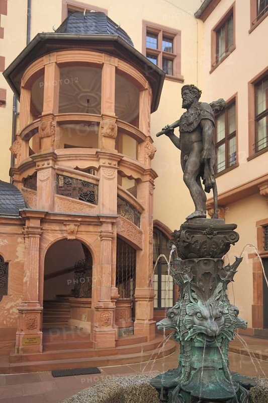 Hercules fountain and staircase in the Roman farm, Hercules statue with club, Roman, Renaissance, courtyard, Frankfurt am Main, Hesse, Germany