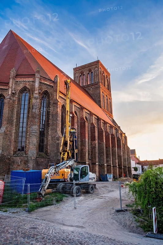 Construction site in front of Nikolaikirche Anklam, Mecklenburg-Western Pomerania, Germany