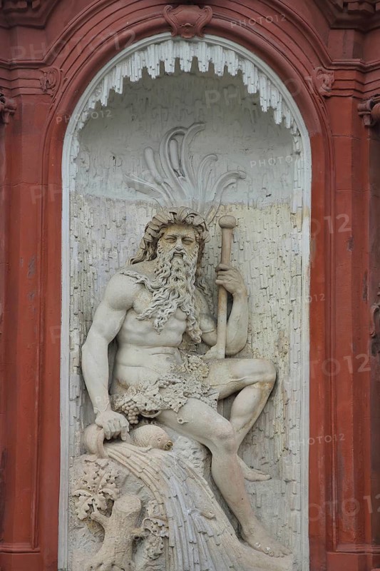 Sculpture Chronos, Greek god of time and Moenus, river god of the Father Main, built 1772, mythology, classicistic, detail, Chronosbrunnen, Moenusbrunnen Würzburg, Lower Franconia, Franconia, Bavaria, Germany