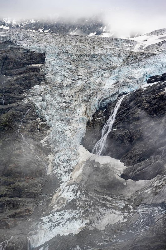 Glacier tongue of the Grindelwald-Fiescherfirn glacier with waterfall, Bernese Alps, Bernese Oberland, Switzerland