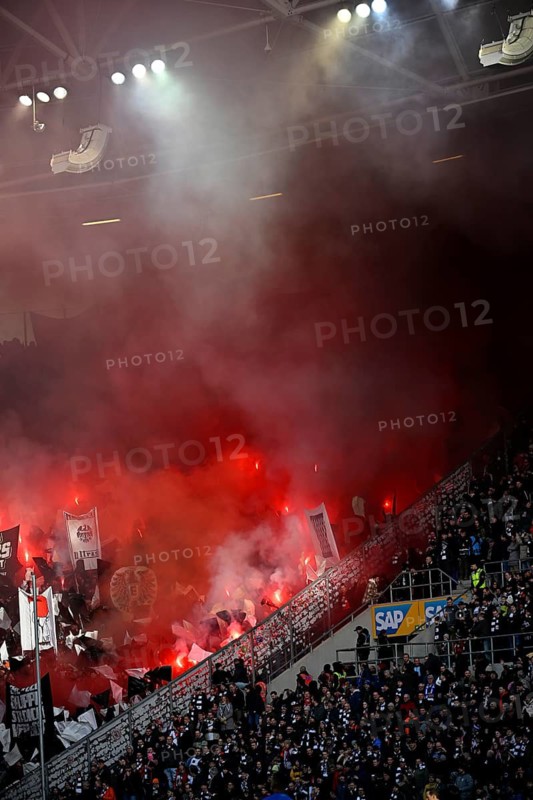 Bengalos, pyrotechnics, pyro, fireworks, fan block, fans, fan curve, flags, flags, atmosphere, atmospheric SGE Eintracht Frankfurt PreZero Arena, Sinsheim, Baden-Württemberg, Germany