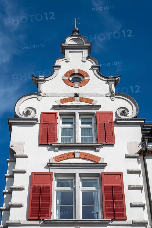 Detailed view of a historic building in the historic old town of Constance with characteristic Renaissance, Baroque style stairway, district of Constance, Baden-Württemberg, Germany