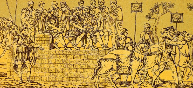 Relief on Trajan's Column, Forum Traiani or Foro di Traiano, Trajan's Forum, Roman standard, soldiers, army commander, horses, standard, ancient Rome, Italy, coloured historical illustration from 1882