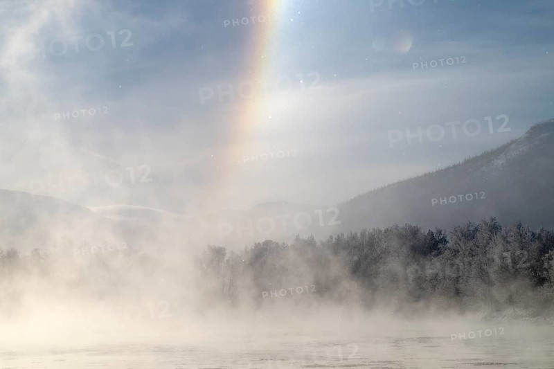 Fog and parhelion over the river Glomma (Glåma), Alvdal, Hedmark, Innlandet, Norway, February 2026