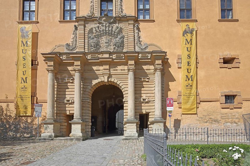 Portal of Moritzburg Castle and entrance to the museum, banner with inscription, Zeitz, Saxony-Anhalt, Germany