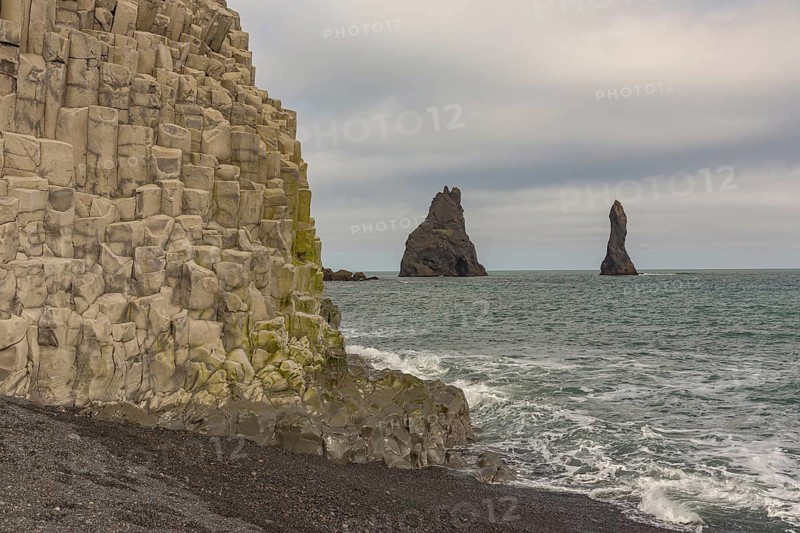 Reynisfjara Beach with Basalt rocks and the rock needles, close to Vik i Myrdal, South Iceland