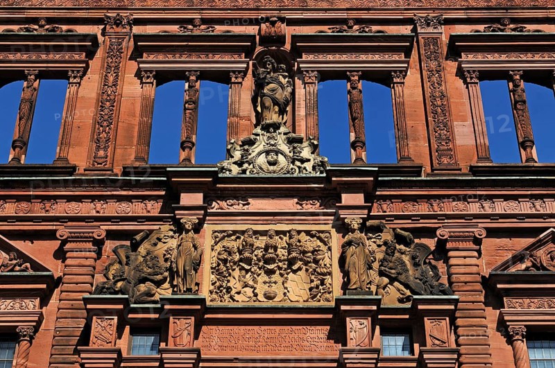 Heidelberg castle ruins, destroyed in 1693, richly decorated entrance façade of the Ottheinrich Building, built 1556-1559 in the Dutch Renaissance style, castle courtyard, Heidelberg, Baden-Württemberg, Germany