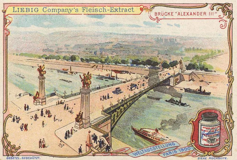 Picture series World Exhibition 1900, Paris, France, Alexander III Bridge, Liebig picture, digitally restored reproduction of a collector's picture from ca 1900, public domain, exact date unknown, view of Alexander III Bridge in Paris with river and boats