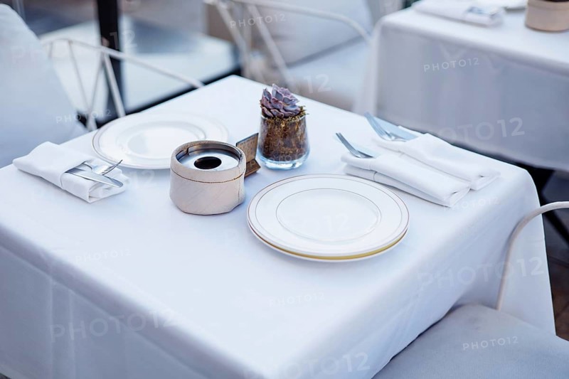 A beautifully arranged dining table features a crisp white tablecloth with elegant tableware, including a plate, napkin, and a small decorative plant, set in a stylish restaurant environment