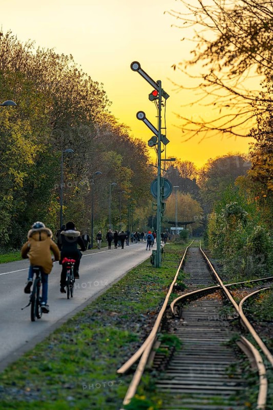 The Nordbahntrasse, a cycle path, footpath, on a former 22 KM long railway line, along the west-east axis of Wuppertal, on the northern slope, with many tunnels, viaducts and views of the city, old signalling system, Wuppertal, North Rhine-Westphalia, Germany