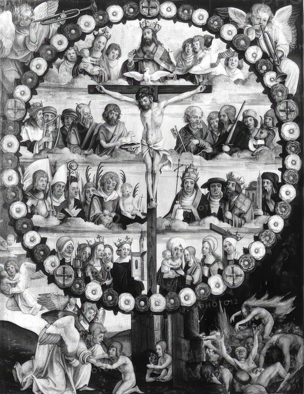 Depiction of the Last Judgment, rosary picture with the crucified Jesus Christ by Hans von Kulmbach, Hans von Culmbach, actually Hans süß, also Hans Süß von Kulmbach (c. 1480 to 1522), a German painter, draughtsman and graphic artist, Historic, digitally restored reproduction from an original of the time