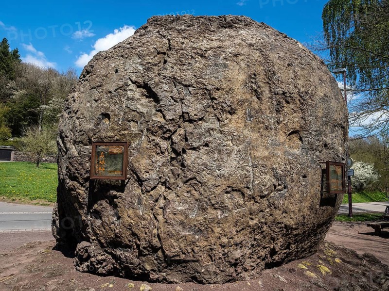 Largest lava bomb exhibited in village Strohn, near Daun, volcanic region, Eifel, Germany