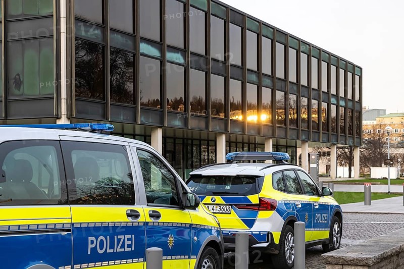 House of the Baden-Württemberg state parliament, state parliament building in Stuttgart. The house of the state parliament was built between 1959 and 1961 according to a design by Kurt Viertel. From 2013 to 2016, the monument was completely renovated and brought up to date with the latest technical standards. Police car in front of the building. Stuttgart, Baden-Württemberg, Germany