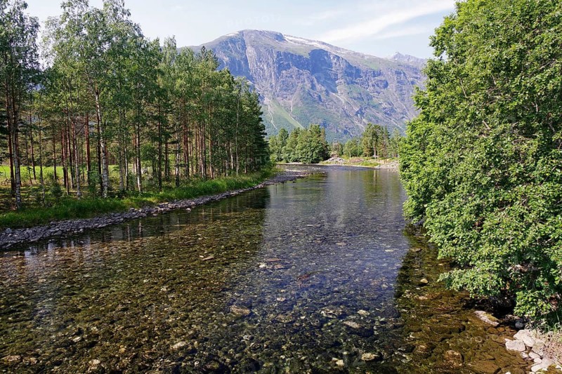 A clear river flows through a wooded landscape with mountains in the background, Eikesdalsvatnet, Eikesdalen, More og Romsdal, Norway