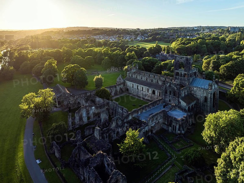 Kirkstall Abbey from a drone, Kirkstall, River Aire, Leeds, West Yorkshire, England, United Kingdom