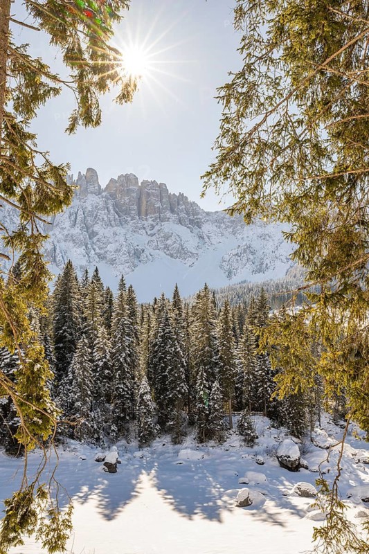 Beautiful landscape of the Mountain silhouettes of the Sexten Dolomites on a sunny winter day, South Tyrol, Trentino-South Tyrol, Alto-Adige, Italy