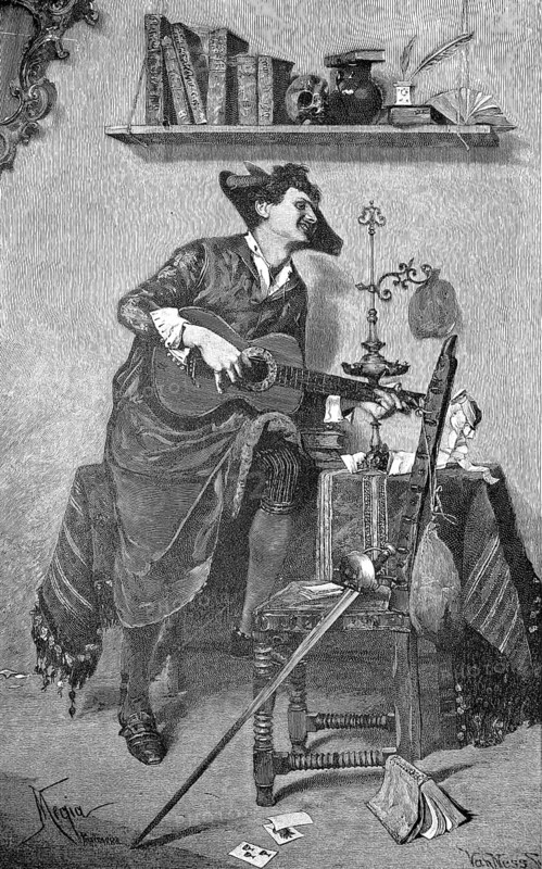 A student from earlier times with guitar, sword, playing cards, 1870, illustration, reproduction from a model from the 19th century. Authentic, file restored for optimal use, exact date of original unknown, Historic, A man in an elegant interior plays guitar surrounded by books and candles