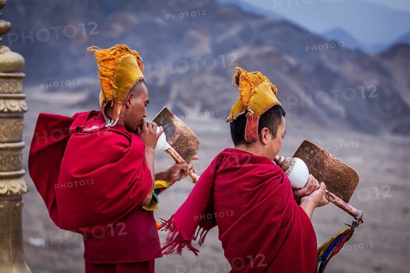 THIKSEY, INDIA, SEPTEMBER 4, 2011: Two Tibetan Buddhist monks blowing conches during morning pooja, Thiksey gompa, Ladakh, India