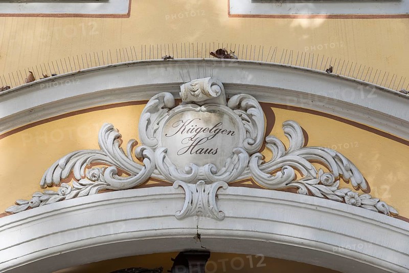Detail on the portal with baroque decoration and Kügelgen House lettering, entrance to the Kügelgen Museum on Hauptstraße in Dresden, Saxony, Germany