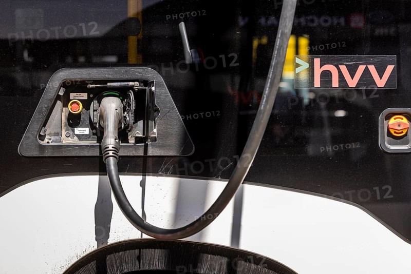 Electric bus charging at Hamburger Hochbahn AG - Busbetriebshof Alsterdorf, Hamburg, Germany