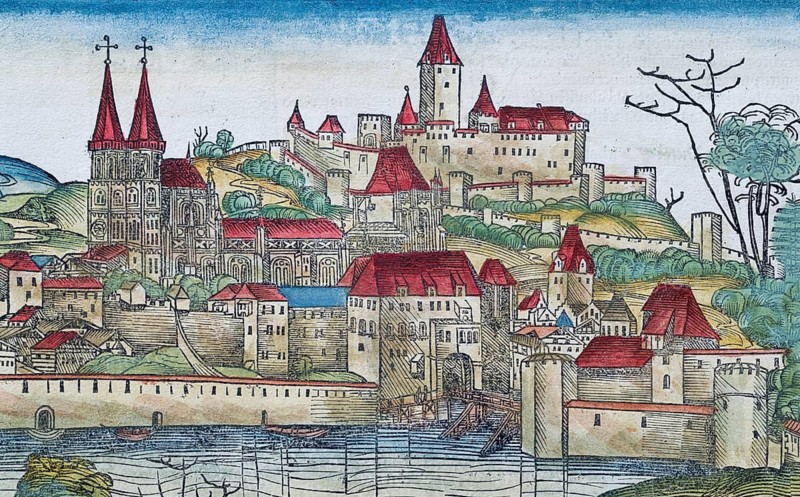 Medieval city view of Passau or Patavia, family tree, old coloured woodcut from: Schedel'sche Weltchronik also Nürnberger Chronik, German edition, incunabulum, Hartmann Schedel 1493
