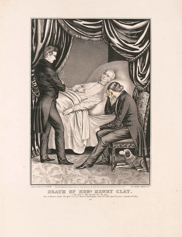 Henry Clay (1777–1852), an influential US politician and Senator from Kentucky, lies on his deathbed, whilst mourners and a faithful dog keep vigil at his side, American history, authentic, digitally restored high-resolution reproduction from a 19th-century original, exact date of the depiction unknown, historical