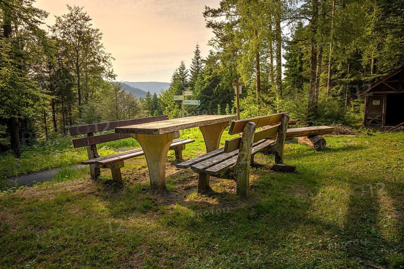 Wooden table and benches near the forest with views and peaceful ambiance, Simmelhütte, Bad Wildbad. germany
