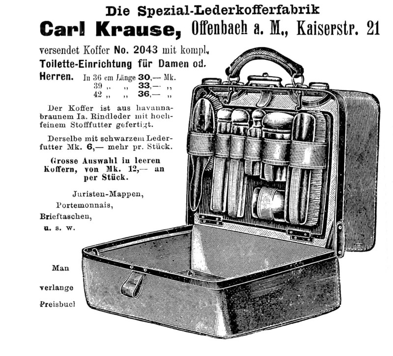 Advertisement of the leather suitcase factory Carl Krause, 1887, Germany, Historic, digitally restored reproduction of an original from the 19th century, exact original date unknown