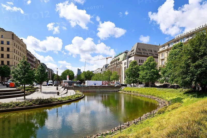 Düsseldorf, Germany - June 9th 2026: City center with the Nördliche Düssel river and bridge