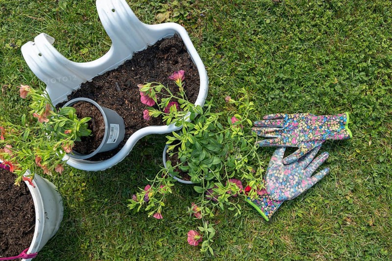Gloves and plants in a meadow, a pot of potting soil, Ternitz, Lower Austria, Austria