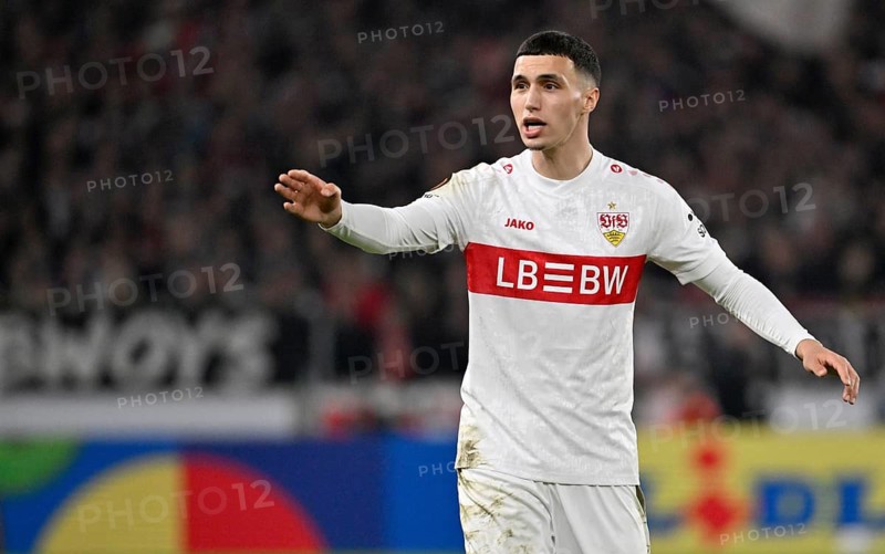 Bilal El Khannouss VfB Stuttgart (11) Gesture Gesture Football Europa League, MHPArena, MHP Arena Stuttgart, Baden-Württemberg, Germany
