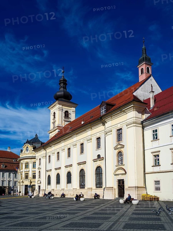 Piata Mare Square, Town Hall and Jesuit Church, Sibiu, Sibiu, Transylvania, Romania