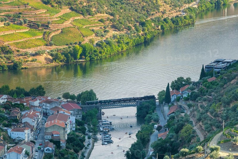 Historic train crosses a Douro river bridge in Regua, Portugal, with terraced vineyards, red rooftops and the scenic Douro Valley landscape