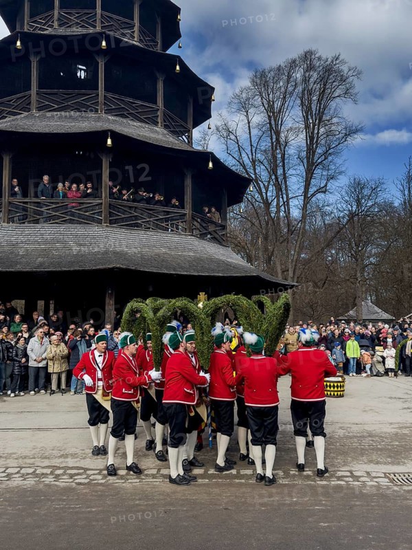 Schaeffler dance in 2026 in the English Garden, behind the Chinese Tower. The event takes place every 7 years between Epiphany and Shrove Tuesday, Munich, Bavaria, Germany