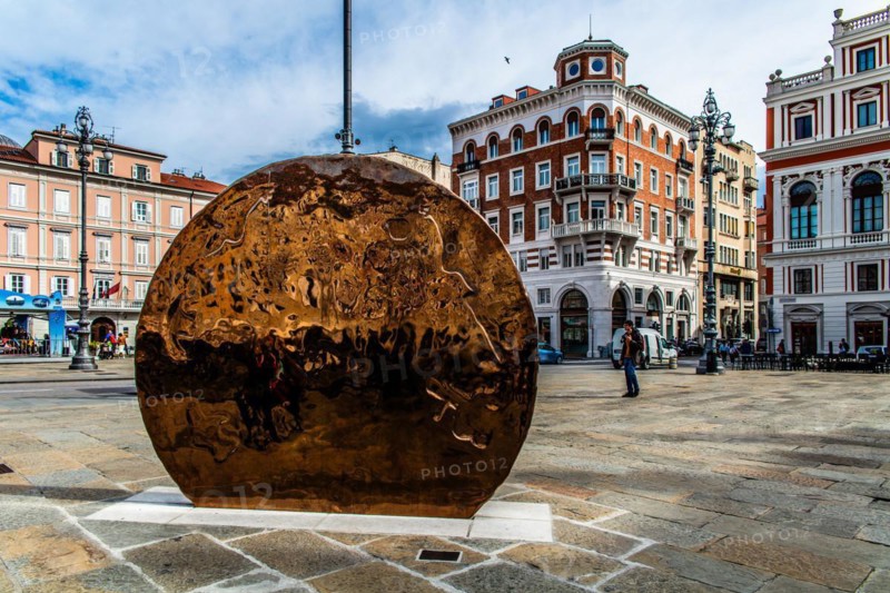 Thaler in honour of Maria Theresa weighing 17 tons, Piazza Ponterosso, merchant and residential houses of old families on the Grand Canal in the heart of Borgo Teresiano, Trieste, port city on the Adriatic, Friuli, Italy, Trieste, Friuli, Italy