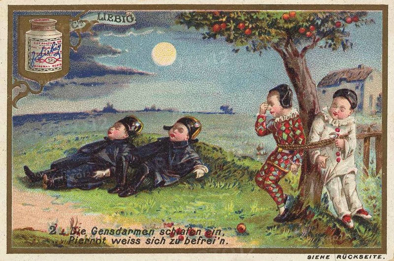 Picture series Children as fruit thieves, the gendarmes fall asleep, Pierrot knows how to free himself, Liebig picture, digitally restored reproduction of a collector's picture from around 1900, public domain, exact date unknown, Two gendarmes sleeping under an apple tree while children stroke them