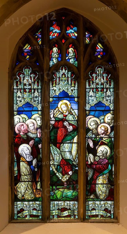 Stained glass window of Transfiguration by William Wailes c 1856, Church of Saint Mary, Kingsclere, Hampshire, England, UK
