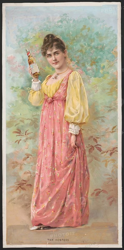Advertising poster, beverage advertisement, advertising lithograph of Anheuser-bush Brewing Co. from 1892 with the title The Hostess. The poster promotes Budweiser Lager beer, with the pictured bottle bearing a German-language label. The campaign aimed to market Budweiser as an upscale drink, authentic reproduction of a historic advertising poster, advertising sign, in high resolution, historical