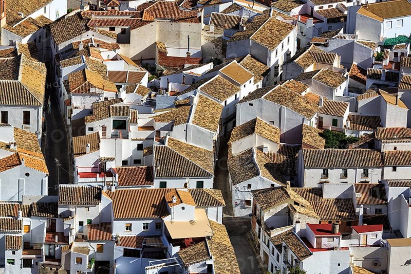 Whitewashed houses, view from above on rooftops, Route of the White Villages, Zuheros, Province of Cordoba, Cordoba, Andalusia, Spain