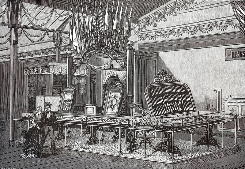 Exhibition stand of Samuel S. White at the World's Fair in Paris, manufacturer of dental instruments and artificial teeth, to see hundreds of neatly arranged instruments such as pliers, drills, probes and mirrors, 1867, illustration, reproduction from a model from the 19th century. Authentic, file restored for optimal use, exact date of submission unknown, historical