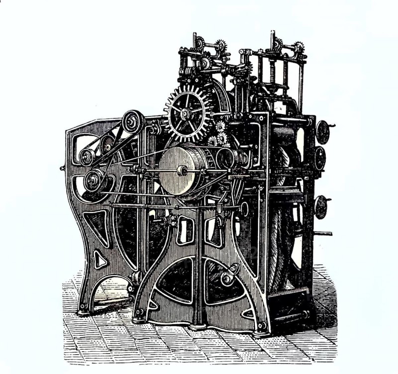 Finishing machine, roller mill, coloured wood engraving, reproduction of an original from ca 1888, historical, complex antique industrial machine with visible cogwheels in a black and white illustration