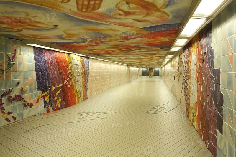 Sculpture Human Family by Peter Piniski 1992, street art, mural, tile, colourful, corridor, passage, underground station, Dornbusch, Main, Frankfurt, Hesse, Germany